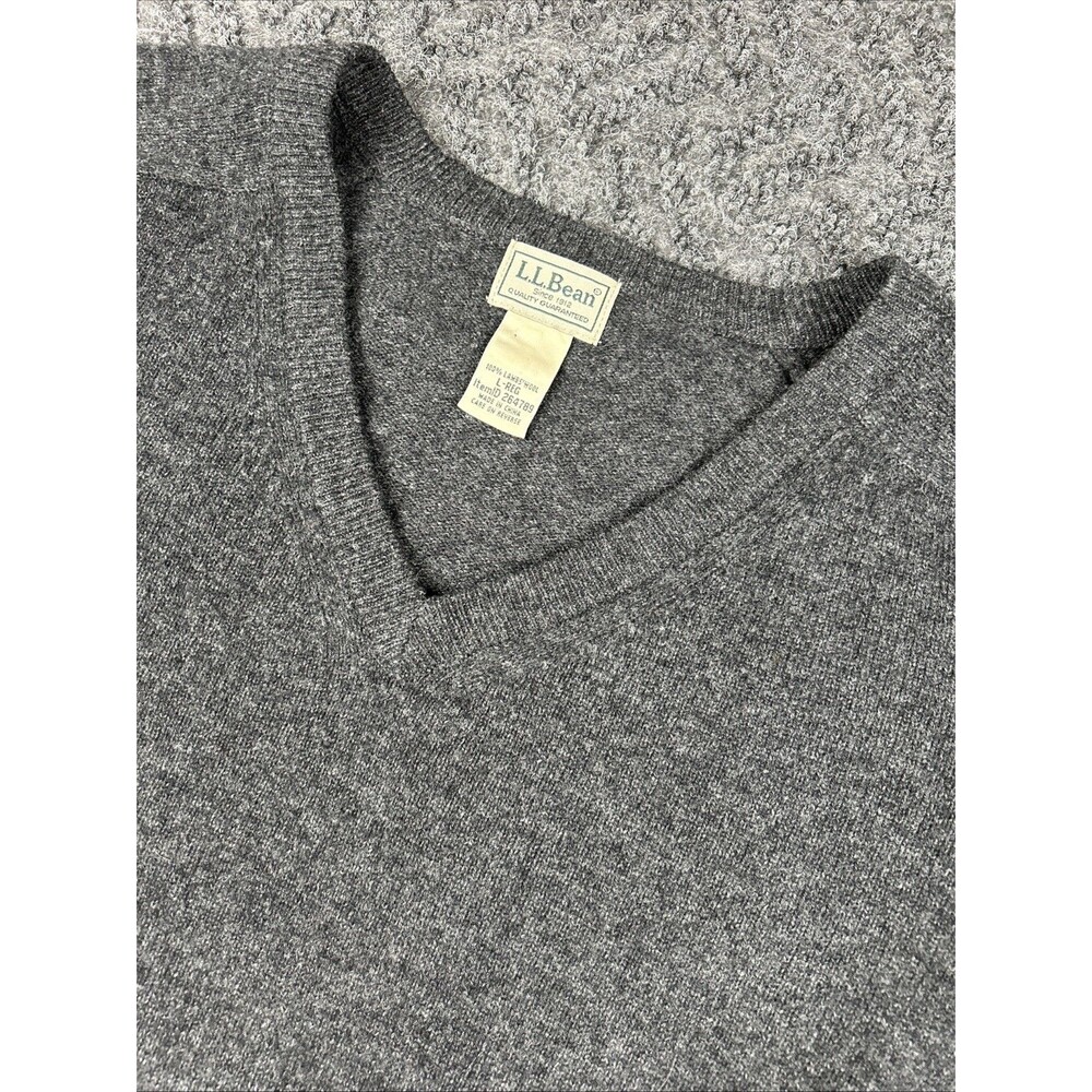 LL Bean Sweater Men’s Large Lambs Wool Dark Gray V Neck Pullover